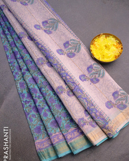 Chanderi bagru saree teal blue with allover floral prints and zari woven maheshwari border