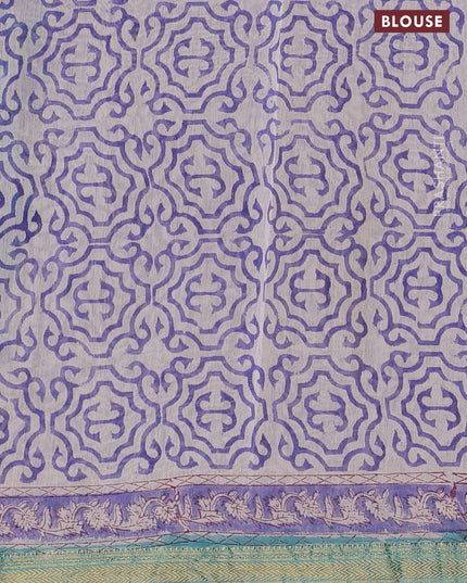 Chanderi bagru saree teal blue with allover floral prints and zari woven maheshwari border