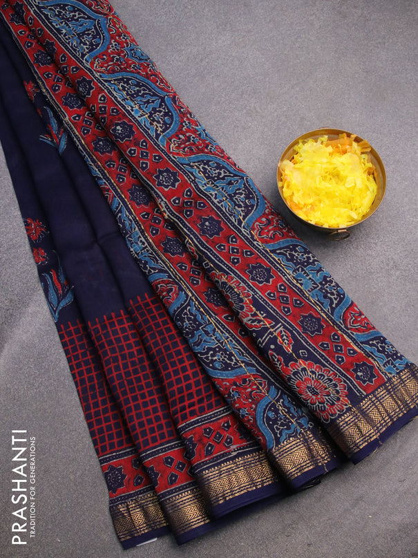 Chanderi bagru saree dark blue and sith allover butta prints and zari woven maheshwari border