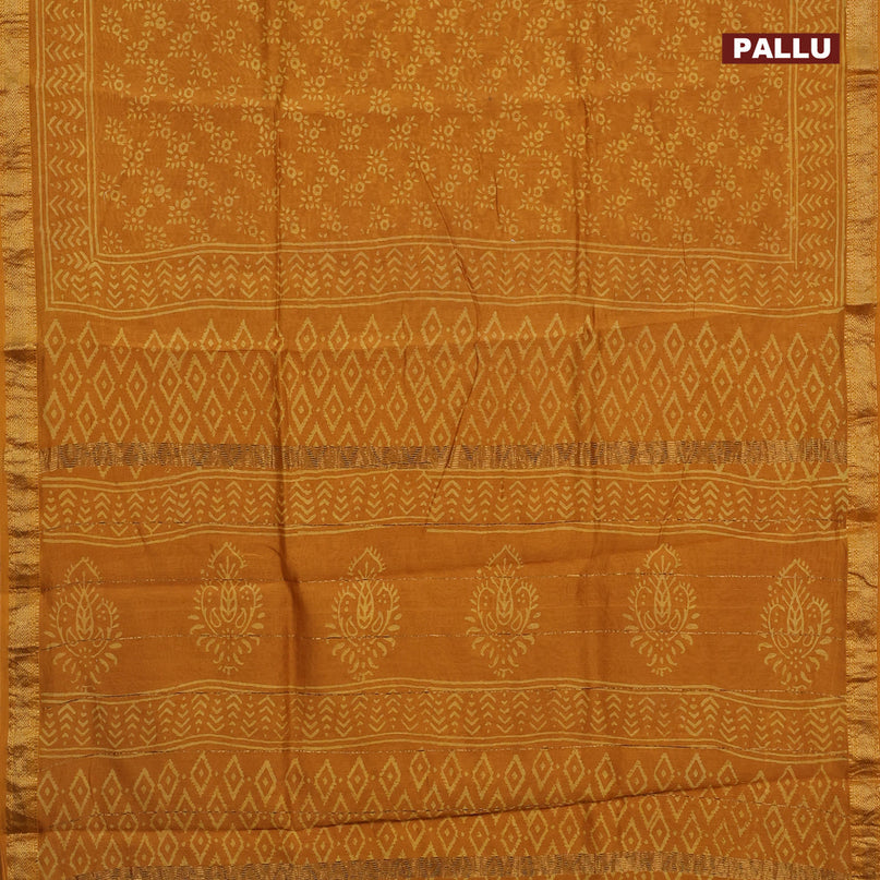 Chanderi bagru saree mustard yellow with allover prints and zari woven maheshwari border