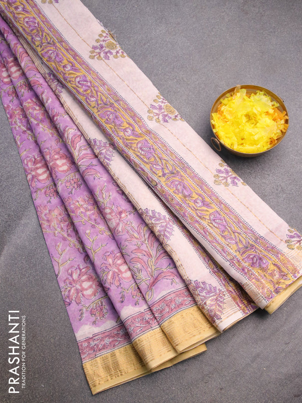 Chanderi bagru saree lavender shade and yellow with allover prints and zari woven maheshwari border