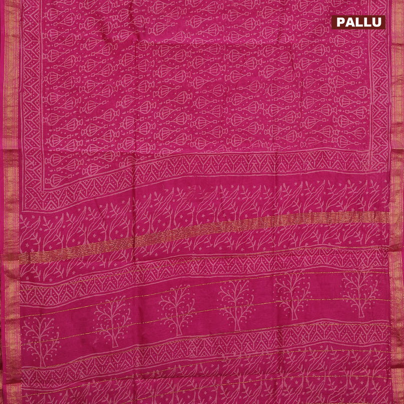 Chanderi bagru saree pink with allover prints and zari woven maheshwari border