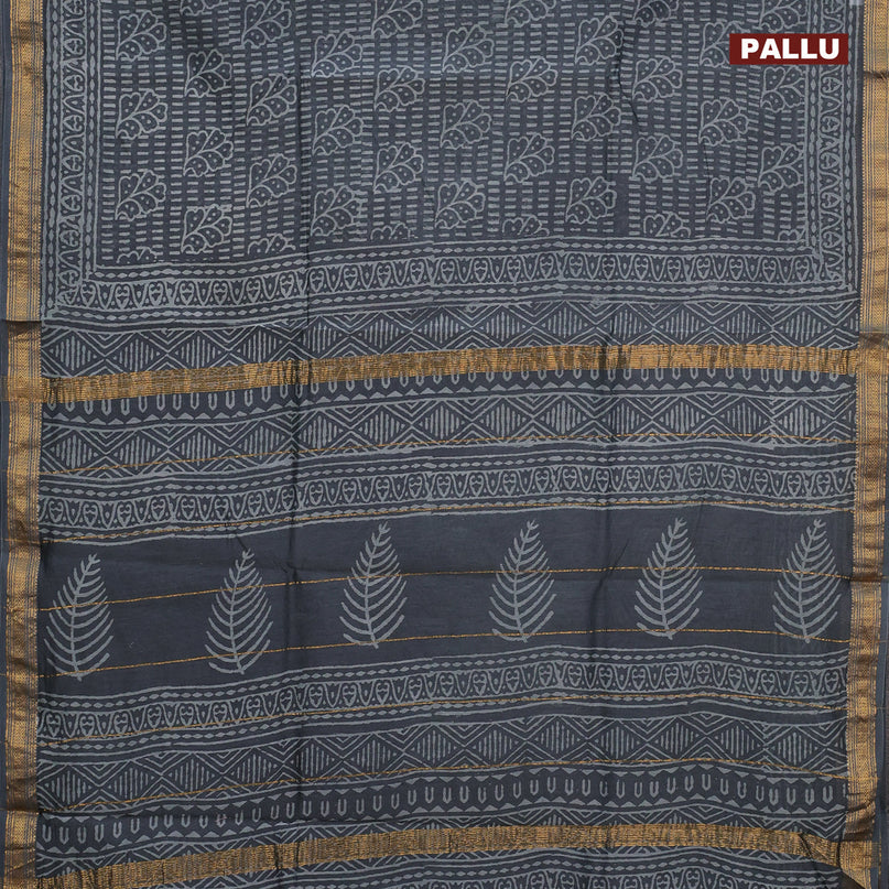 Chanderi bagru saree grey with allover prints and zari woven maheshwari border