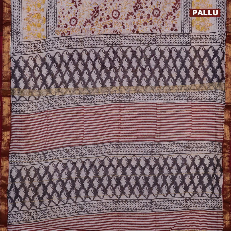 Chanderi bagru saree off white and maroon with allover prints and zari woven maheshwari border