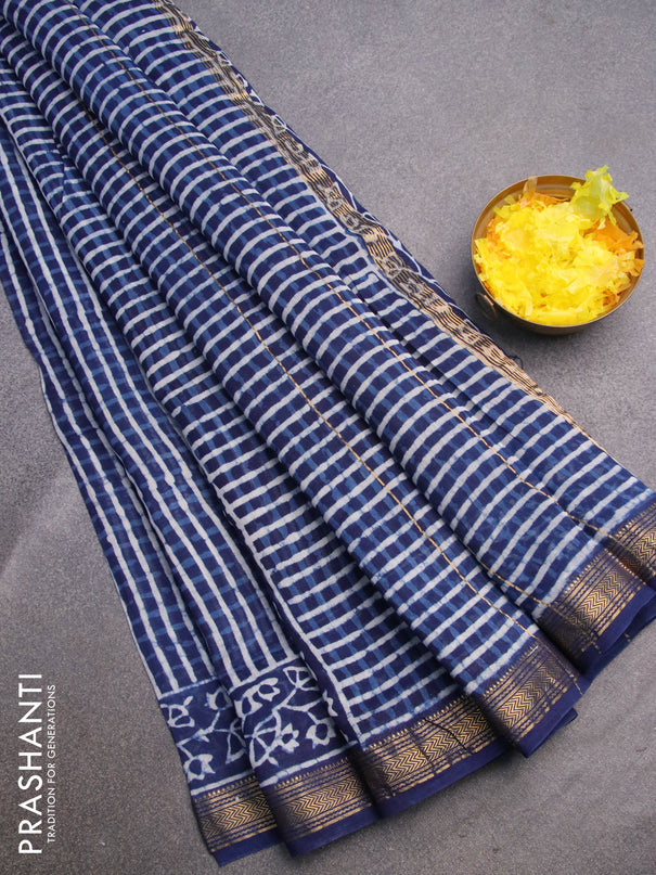 Chanderi bagru saree indigo blue with allover checked pattern and zari woven maheshwari border