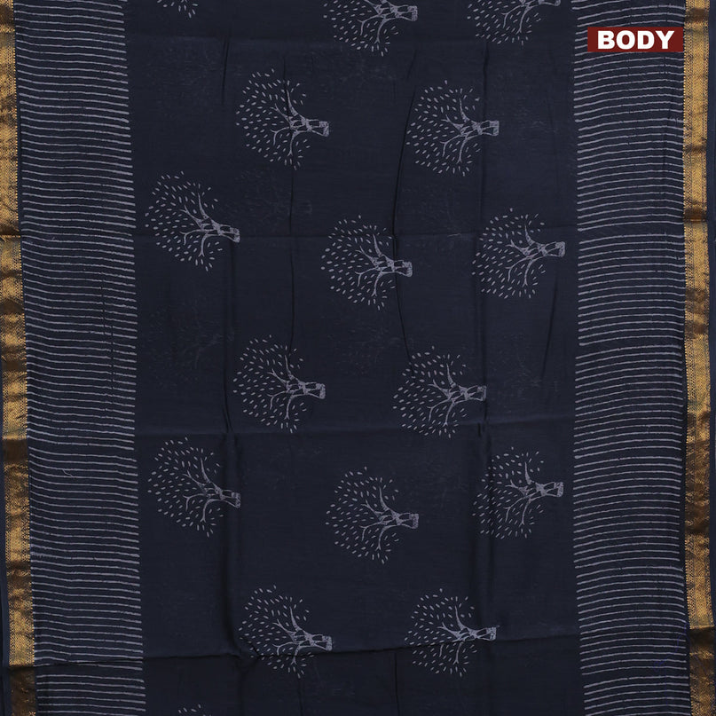 Chanderi bagru saree elephant grey with tree butta prints and zari woven maheshwari border