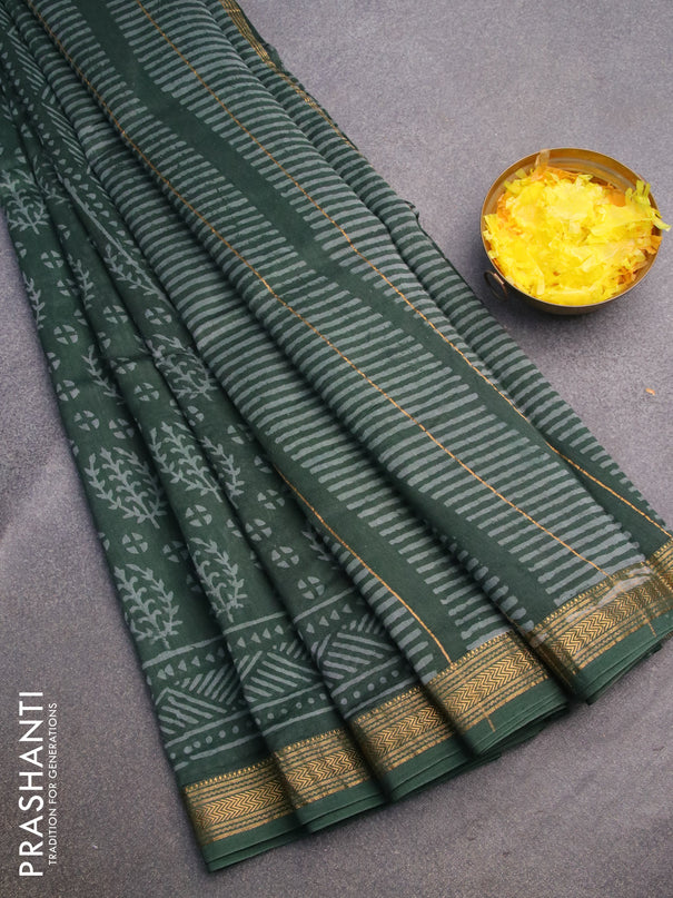 Chanderi bagru saree green shade with allover prints and zari woven maheshwari border