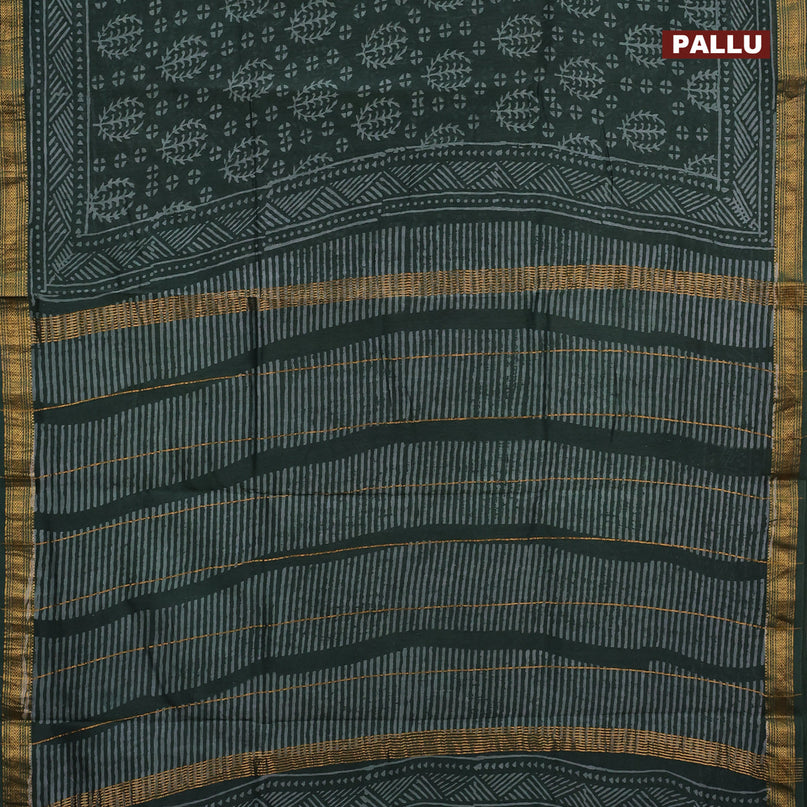 Chanderi bagru saree green shade with allover prints and zari woven maheshwari border