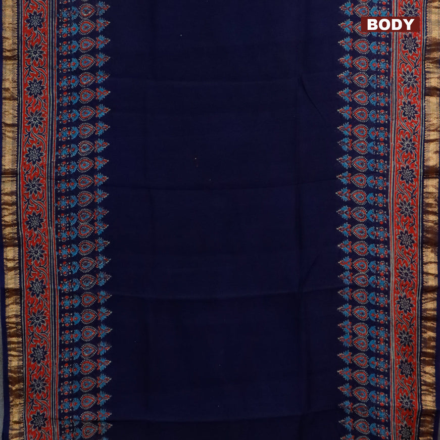 Chanderi bagru saree navy blue with plain body and zari woven maheshwari border