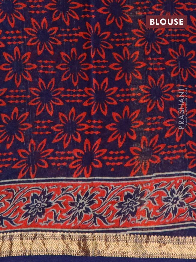 Chanderi bagru saree navy blue with plain body and zari woven maheshwari border