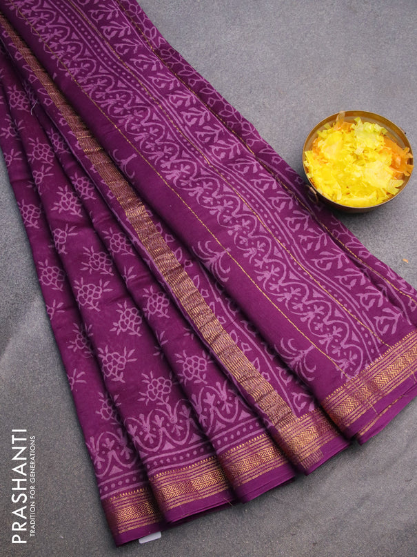 Chanderi bagru saree purple with allover floral butta prints and zari woven maheshwari border