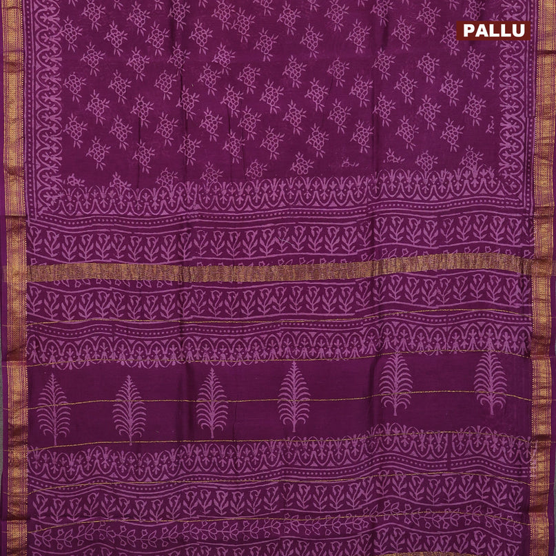 Chanderi bagru saree purple with allover floral butta prints and zari woven maheshwari border