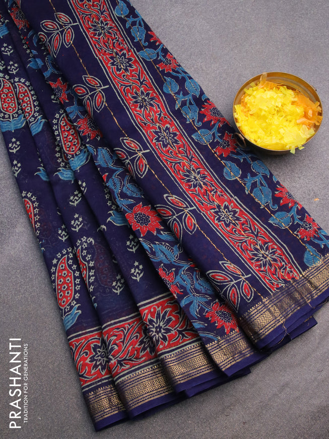 Chanderi bagru saree navy blue with allover butta prints and zari woven maheshwari border