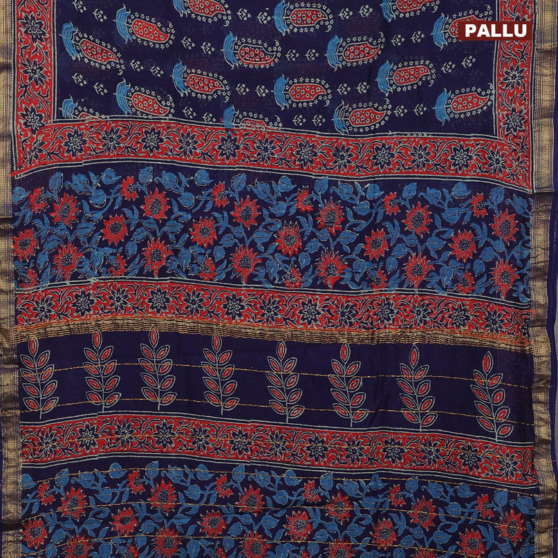 Chanderi bagru saree navy blue with allover butta prints and zari woven maheshwari border
