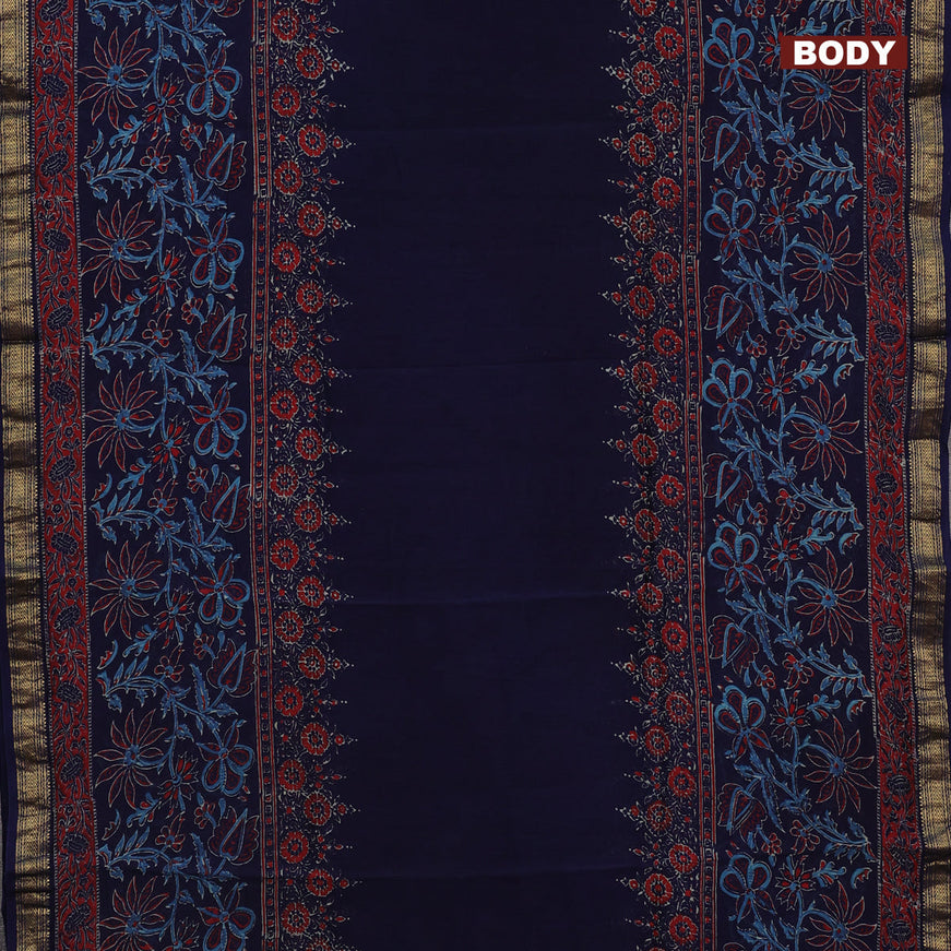 Chanderi bagru saree dark blue with allover prints and zari woven maheshwari border
