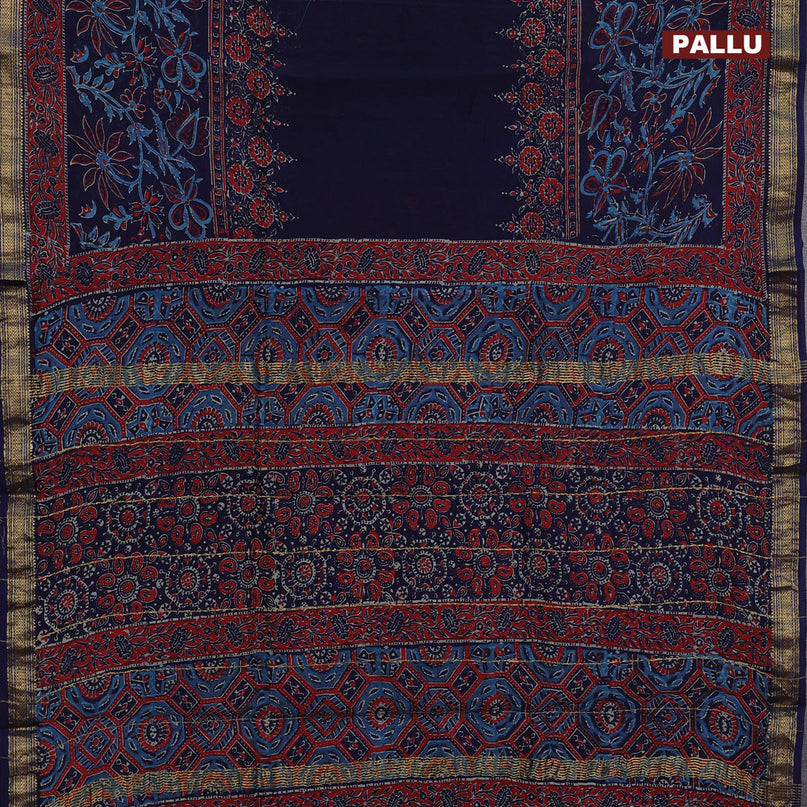 Chanderi bagru saree dark blue with allover prints and zari woven maheshwari border