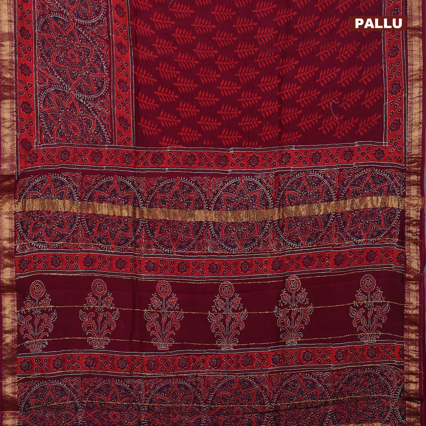 Chanderi bagru saree maroon with allover butta prints and zari woven maheshwari border