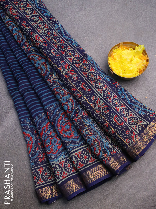 Chanderi bagru saree blue with allover stripes pattern and zari woven maheshwari border