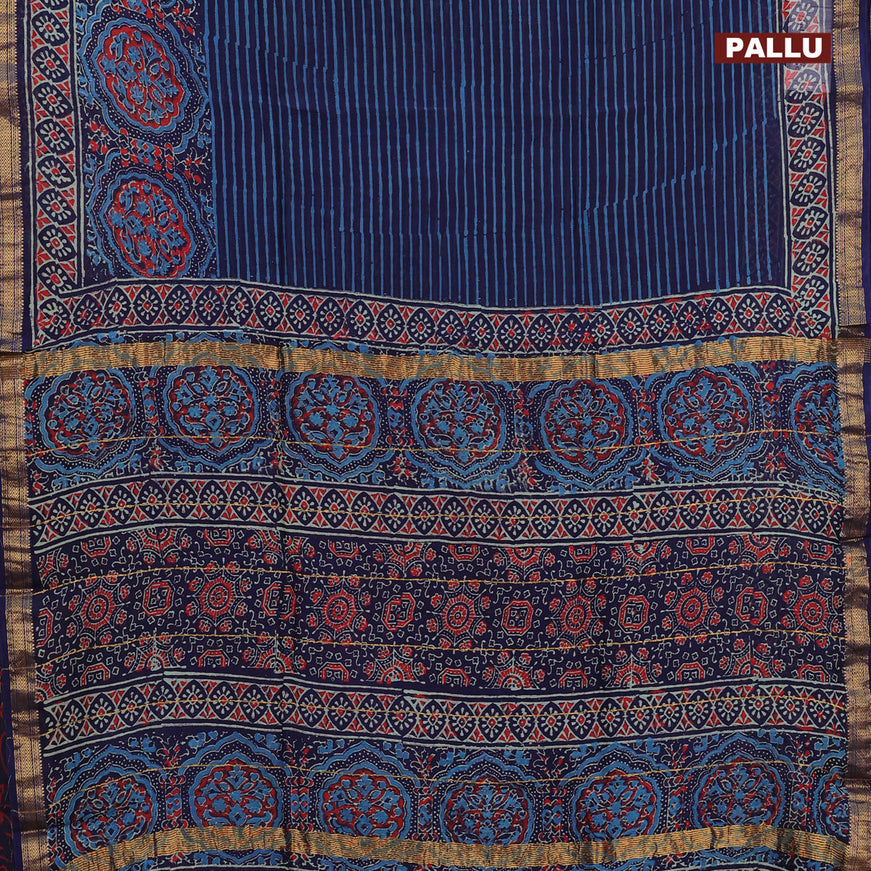 Chanderi bagru saree blue with allover stripes pattern and zari woven maheshwari border