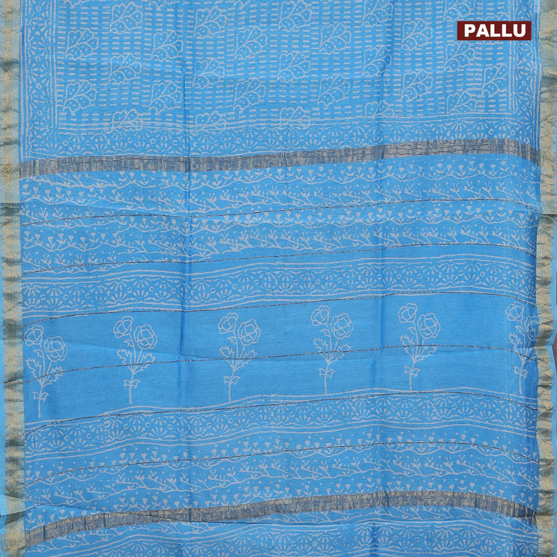 Chanderi bagru saree light blue with allover prints and zari woven maheshwari border