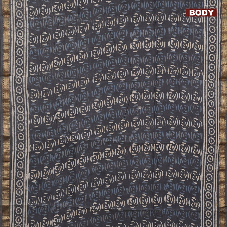 Chanderi bagru saree grey with allover batik prints and zari woven maheshwari border