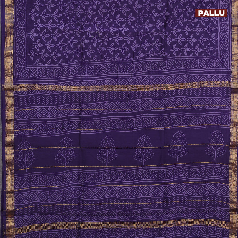 Chanderi bagru saree violet with allover prints and zari woven maheshwari border