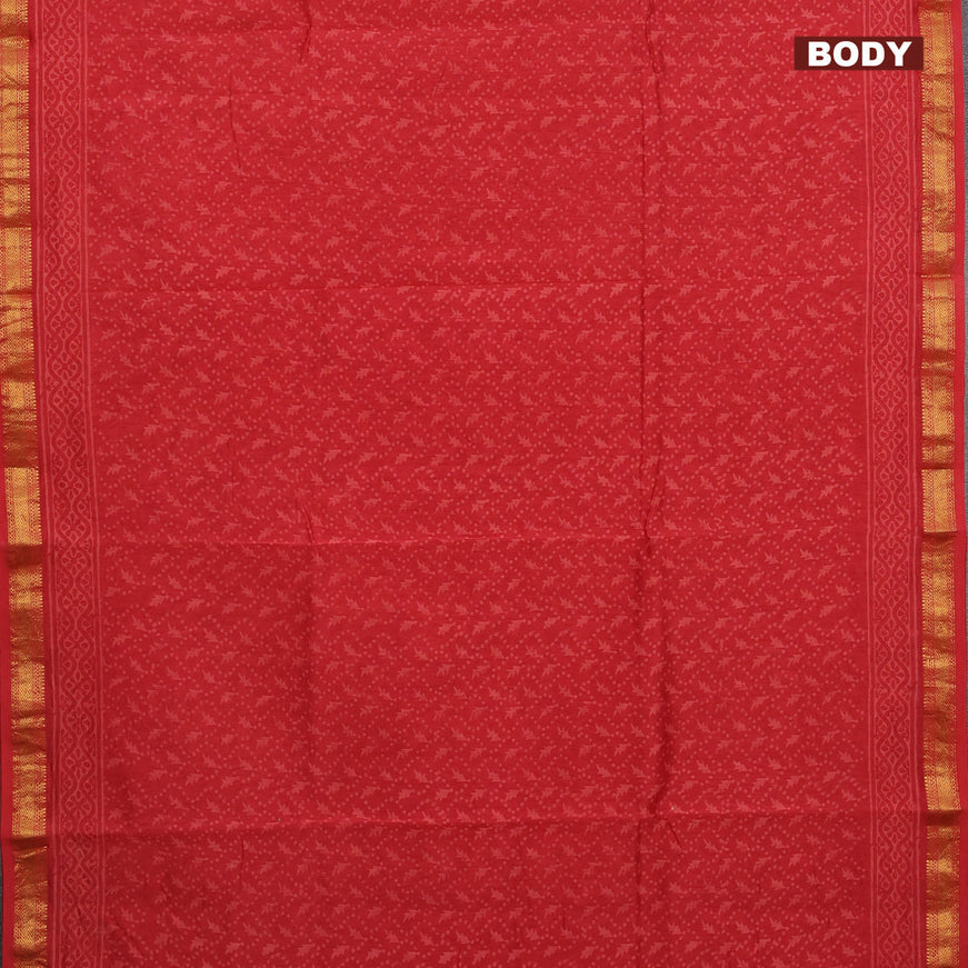 Chanderi bagru saree red with allover prints and zari woven maheshwari border