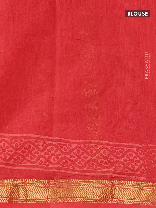 Chanderi bagru saree red with allover prints and zari woven maheshwari border