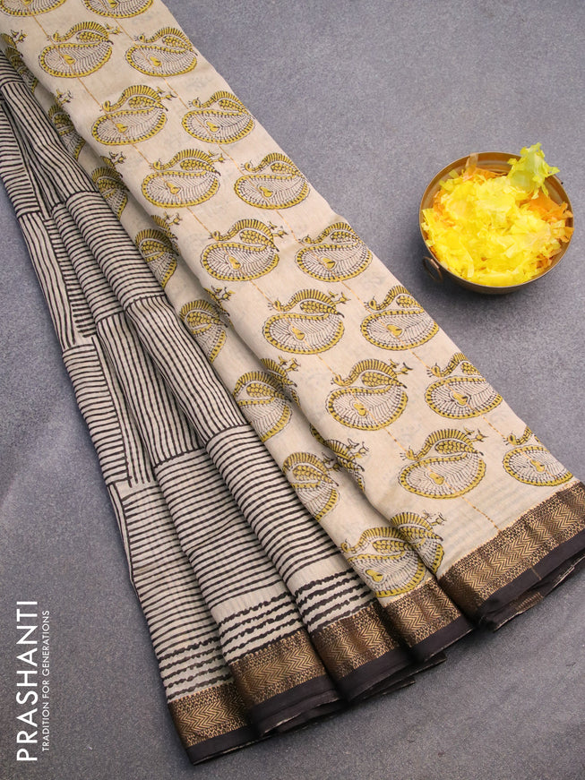 Chanderi bagru saree beige and black with allover geometric prints and zari woven maheshwari border