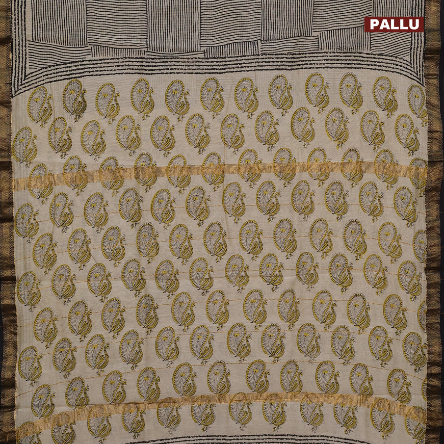Chanderi bagru saree beige and black with allover geometric prints and zari woven maheshwari border