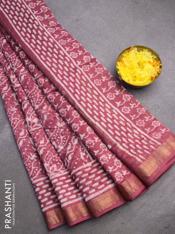 Chanderi bagru saree maroon shade with allover prints and zari woven maheshwari border