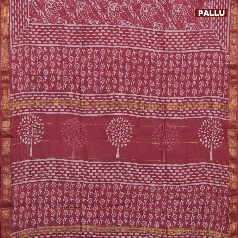 Chanderi bagru saree maroon shade with allover prints and zari woven maheshwari border