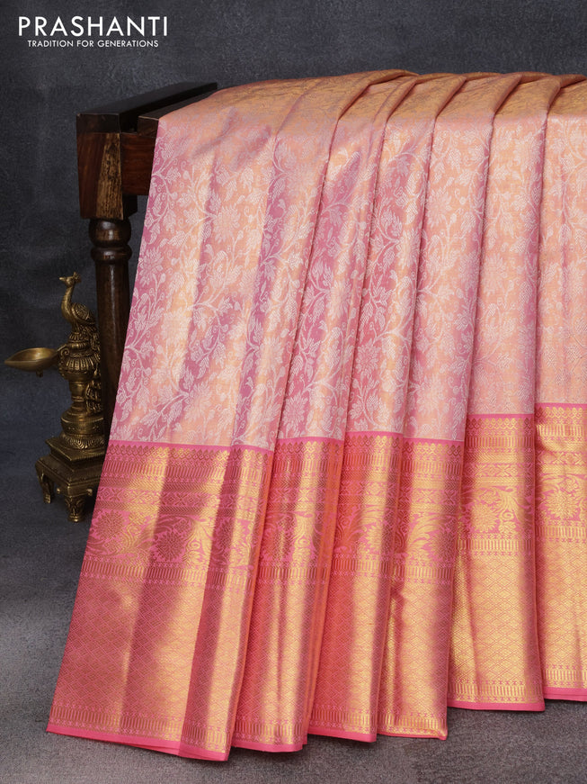 Pure kanjivaram tissue silk saree dual shade of pink with allover silver zari woven brocade weaves and long zari woven border