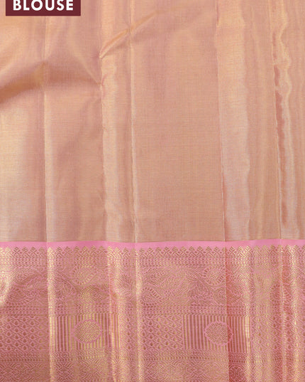 Pure kanjivaram tissue silk saree dual shade of peach pink with allover silver zari woven brocade weaves and zari woven border