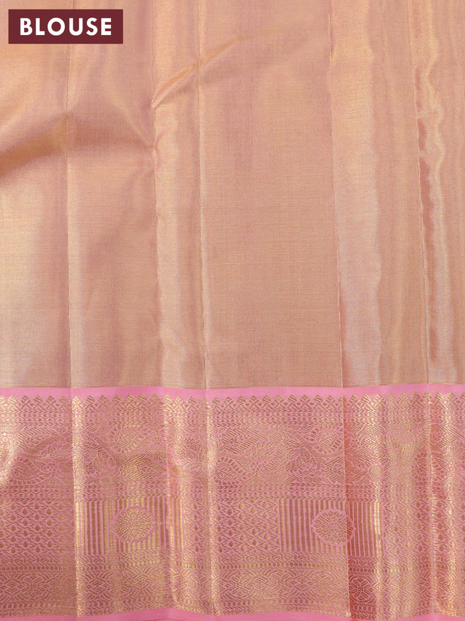 Pure kanjivaram tissue silk saree dual shade of peach pink with allover silver zari woven brocade weaves and zari woven border