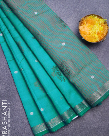 Semi raw silk saree teal blue with thread & silver zari woven buttas and woven border