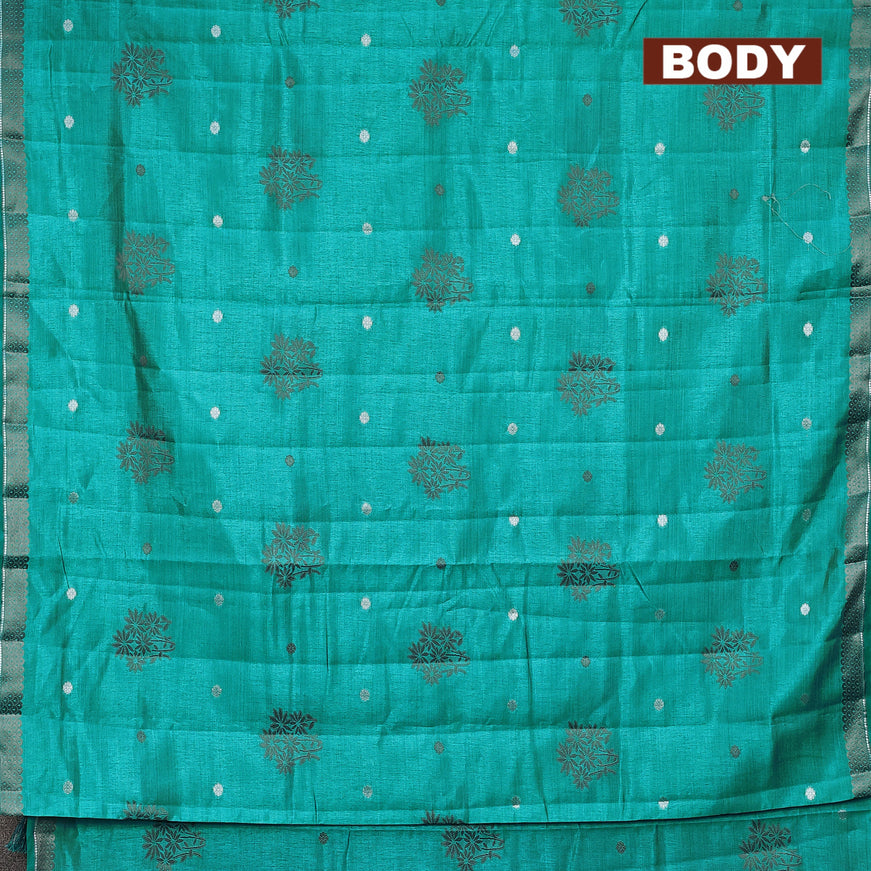 Semi raw silk saree teal blue with thread & silver zari woven buttas and woven border
