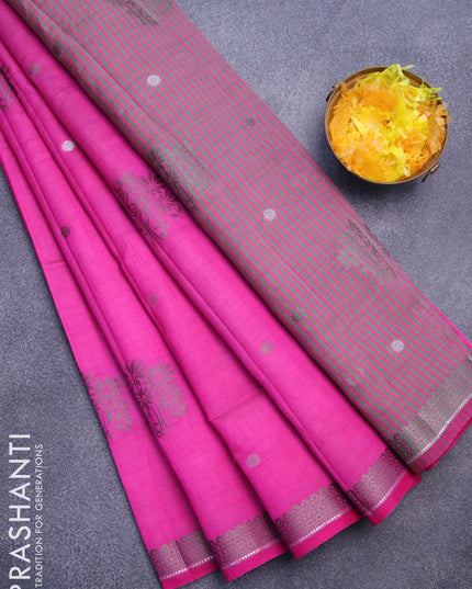 Semi raw silk saree dark pink with thread & silver zari woven buttas and woven border