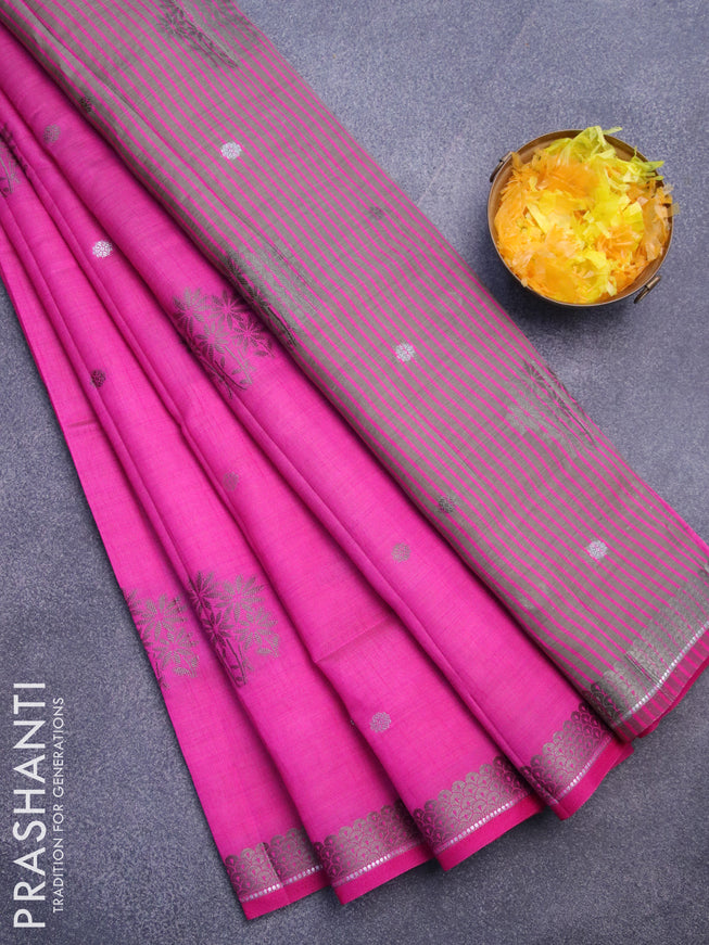 Semi raw silk saree dark pink with thread & silver zari woven buttas and woven border
