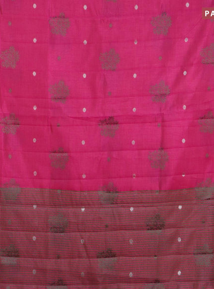 Semi raw silk saree dark pink with thread & silver zari woven buttas and woven border