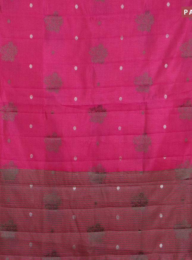 Semi raw silk saree dark pink with thread & silver zari woven buttas and woven border
