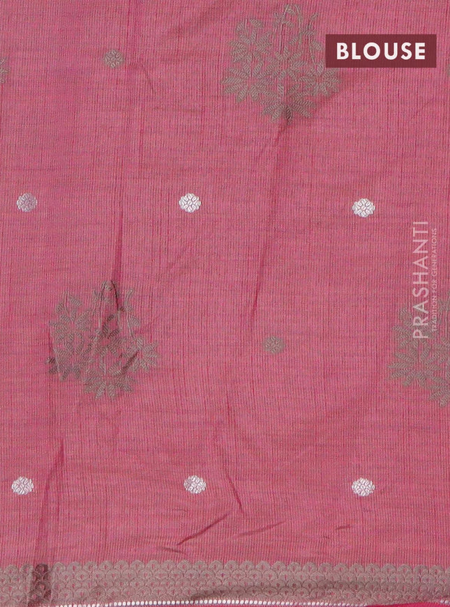Semi raw silk saree dark pink with thread & silver zari woven buttas and woven border