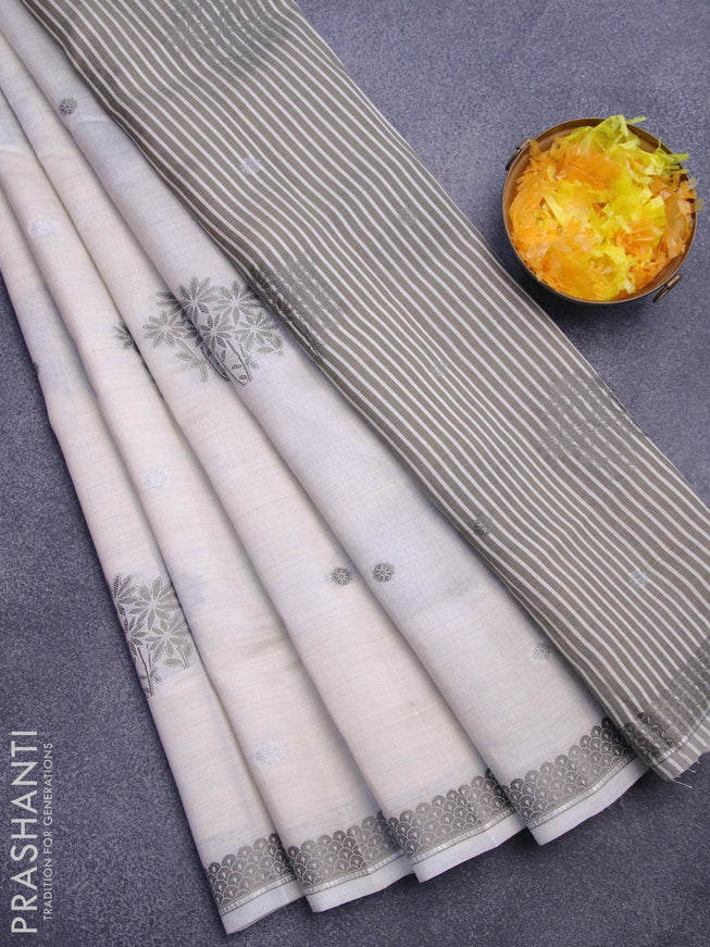 Semi raw silk saree off white with thread & silver zari woven buttas and woven border