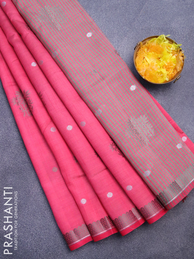 Semi raw silk saree pink with thread & silver zari woven buttas and woven border