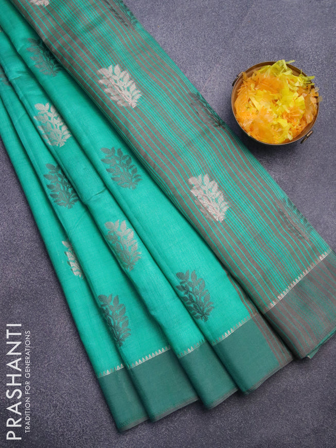 Semi raw silk saree teal green with thread & zari woven buttas and simple border