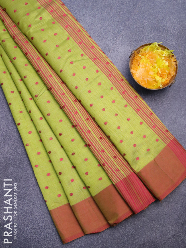 Semi raw silk saree light green and maroon shade with thread woven buttas and simple border