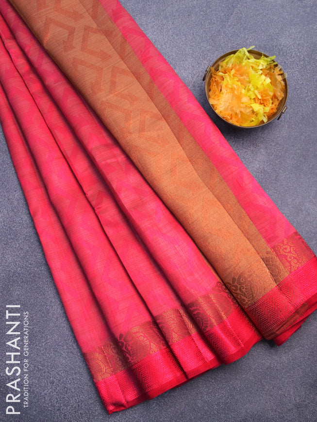 Semi raw silk saree pink with allover self emboss and copper zari woven simple border