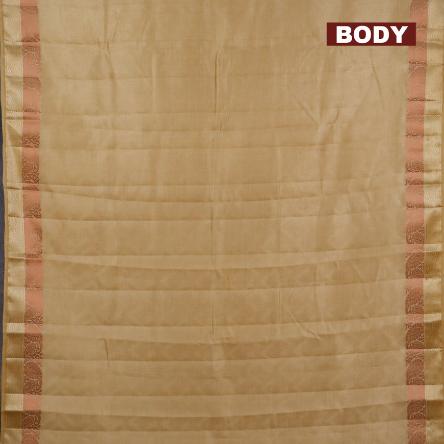 Semi raw silk saree sandal with allover self emboss and copper zari woven simple border