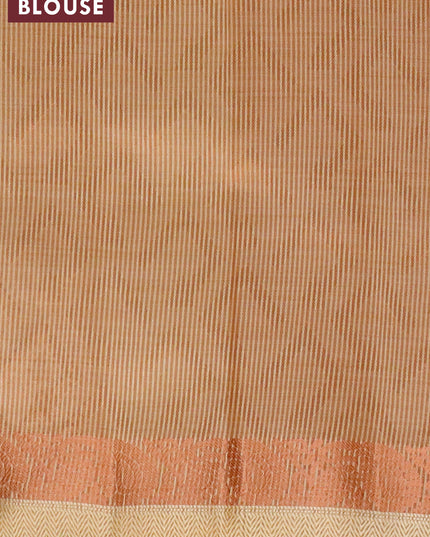 Semi raw silk saree sandal with allover self emboss and copper zari woven simple border