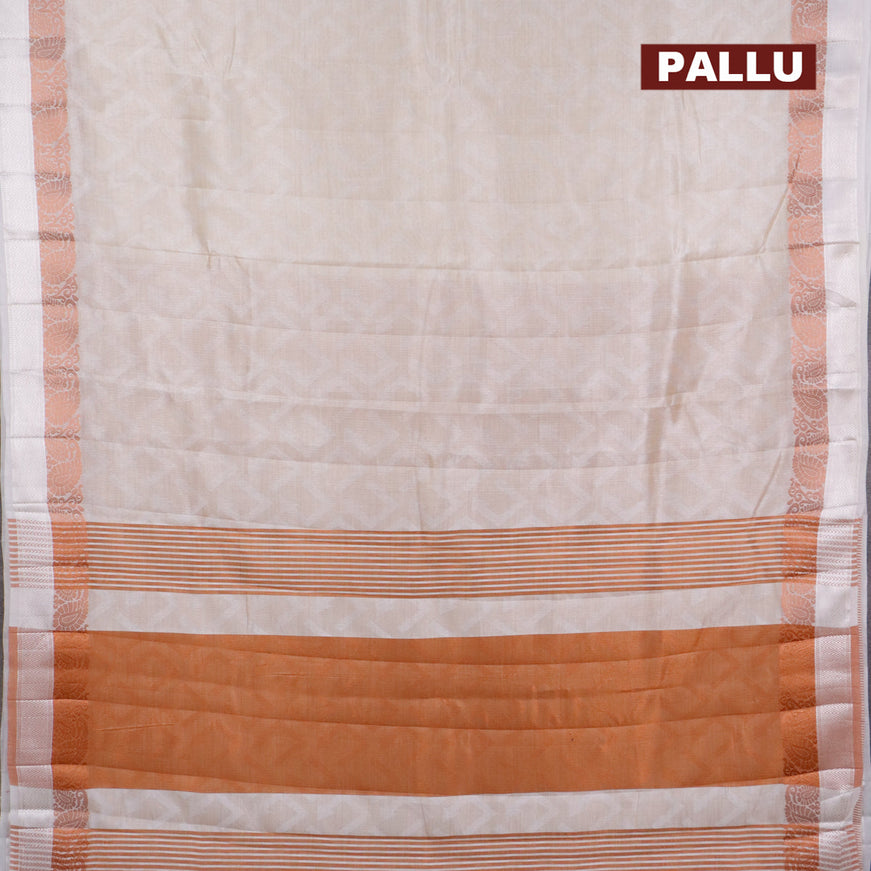 Semi raw silk saree off white with allover self emboss and copper zari woven simple border